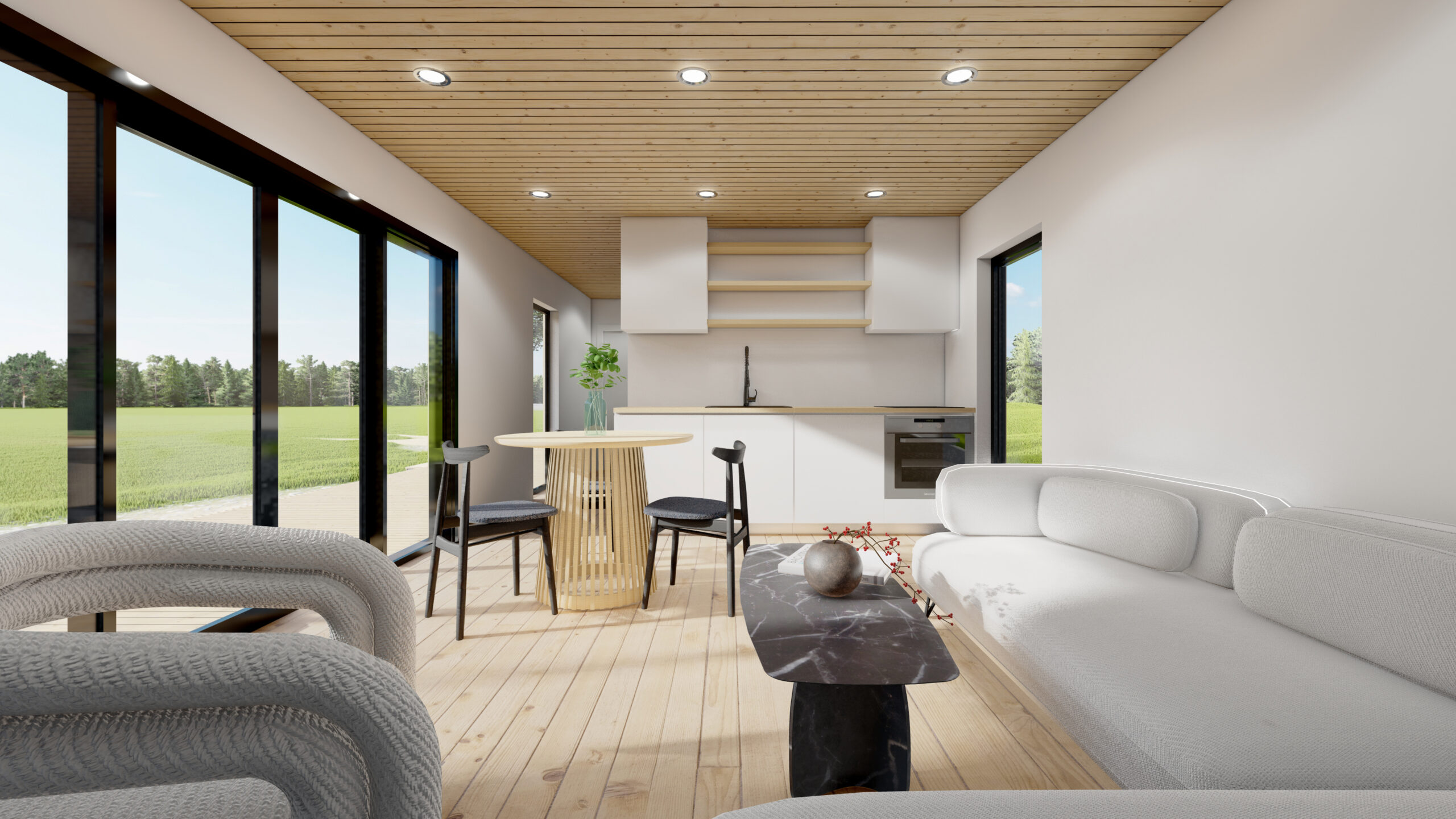 Render van een lichte, moderne woonkamer en keuken met een houten vloer en terrasdeuren.