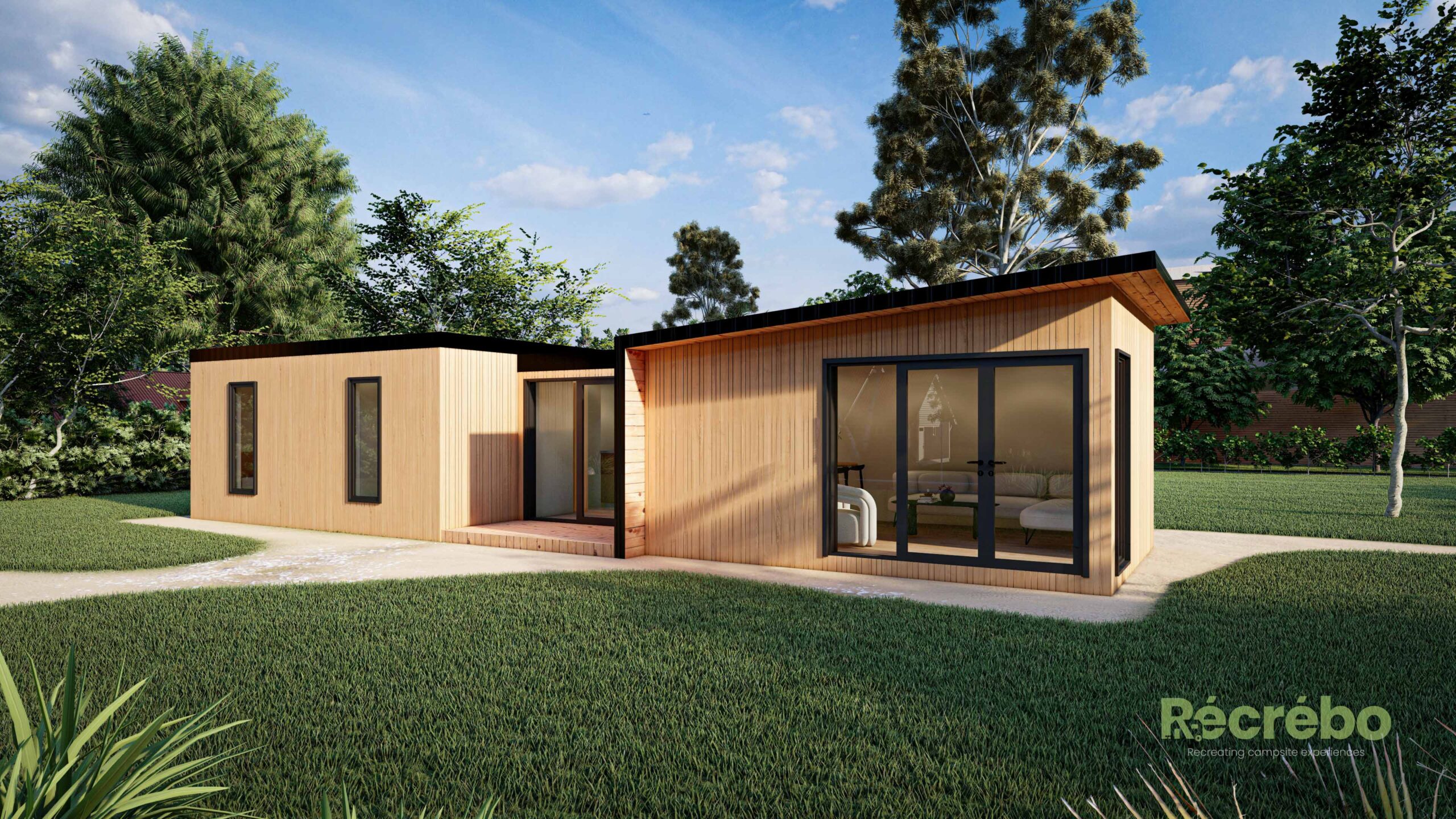 Render van een lange, moderne houten vakantiewoning met een schuin dak.