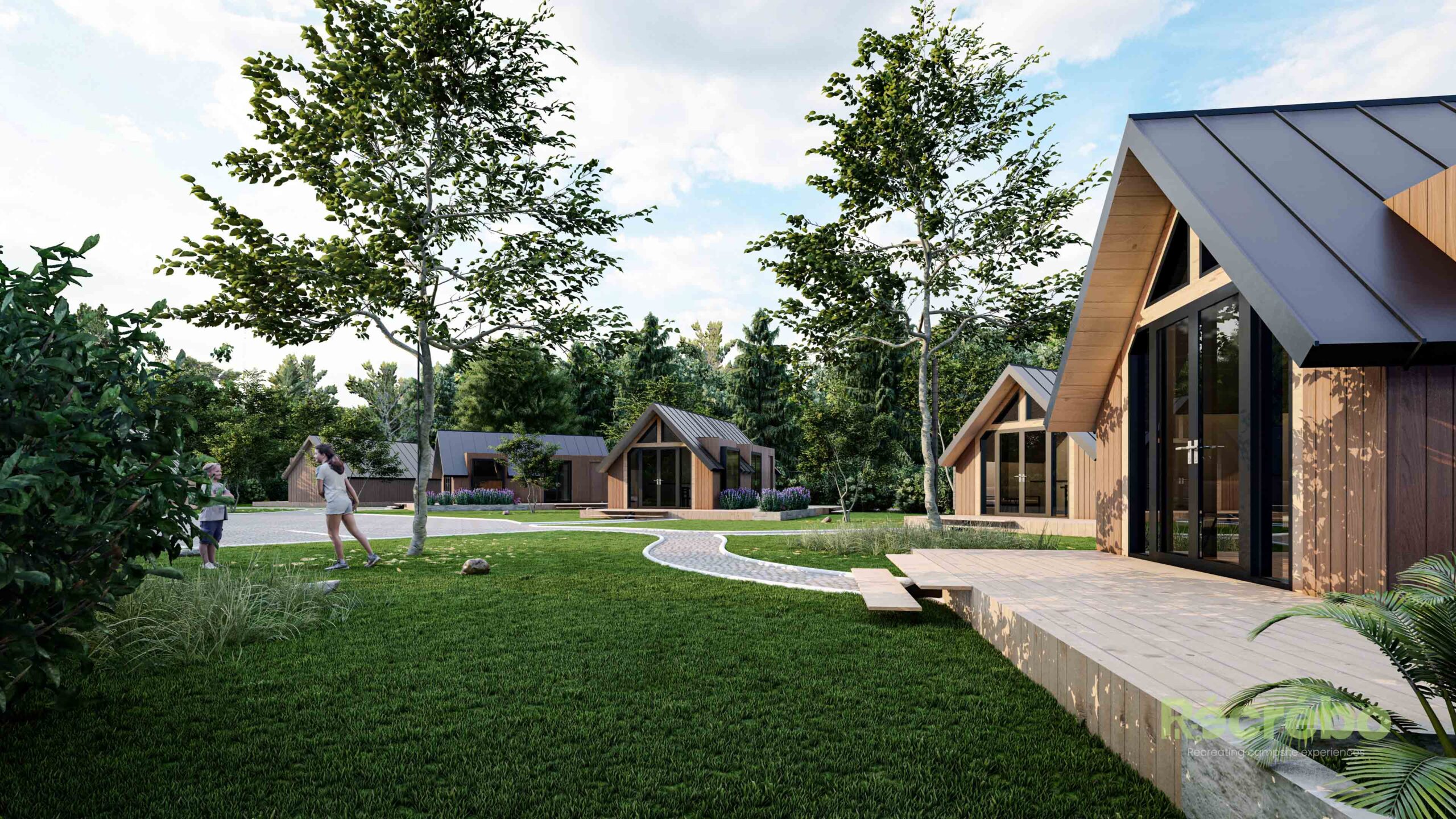 Vakantiepark met moderne houten huisjes en een grasveld.