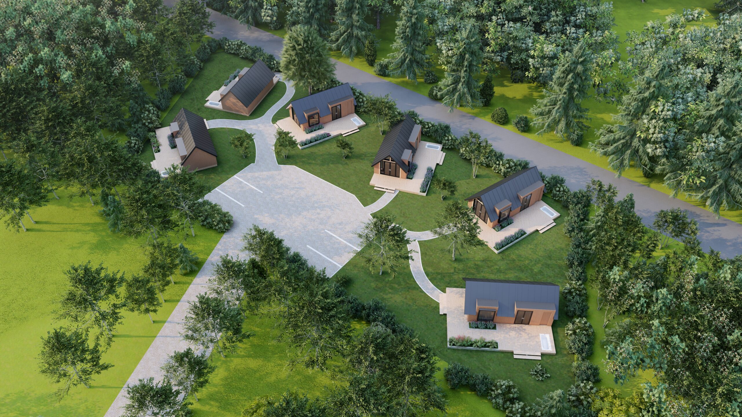 Luchtfoto van een vakantiepark met zes huisjes en een parkeerplaats.