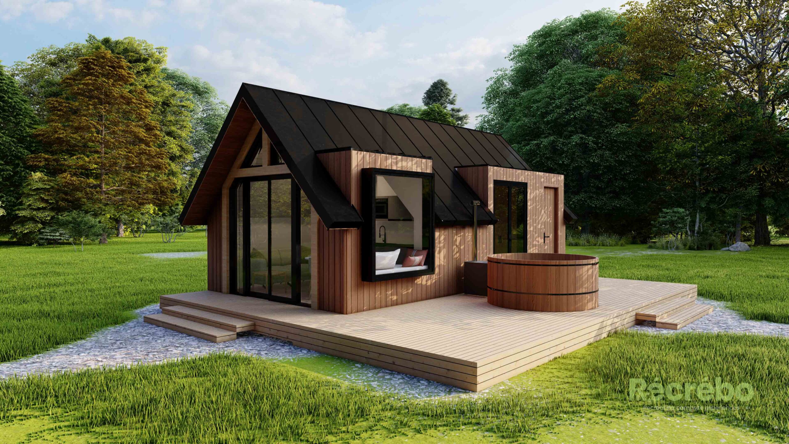 Moderne houten vakantiewoning met een hottub en terras.