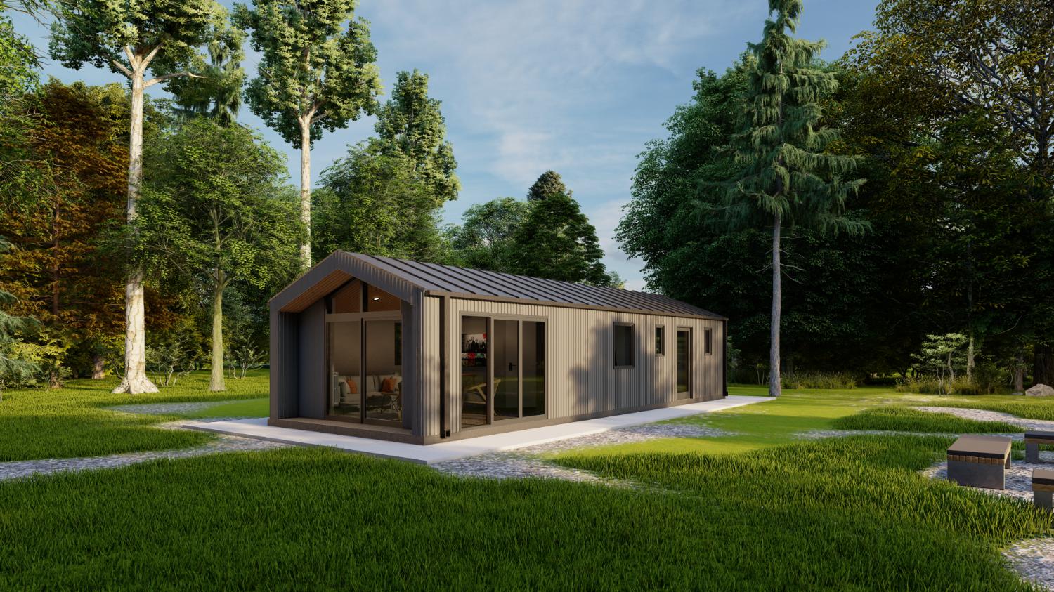 Gezellig, modern prefab huis met schuin dak