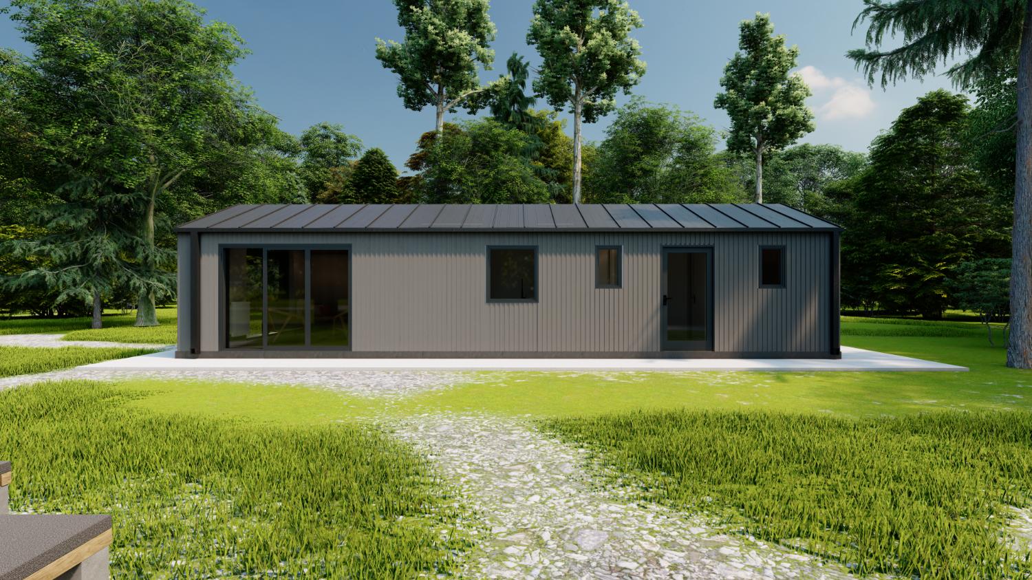 Modern prefab huis in groene omgeving.