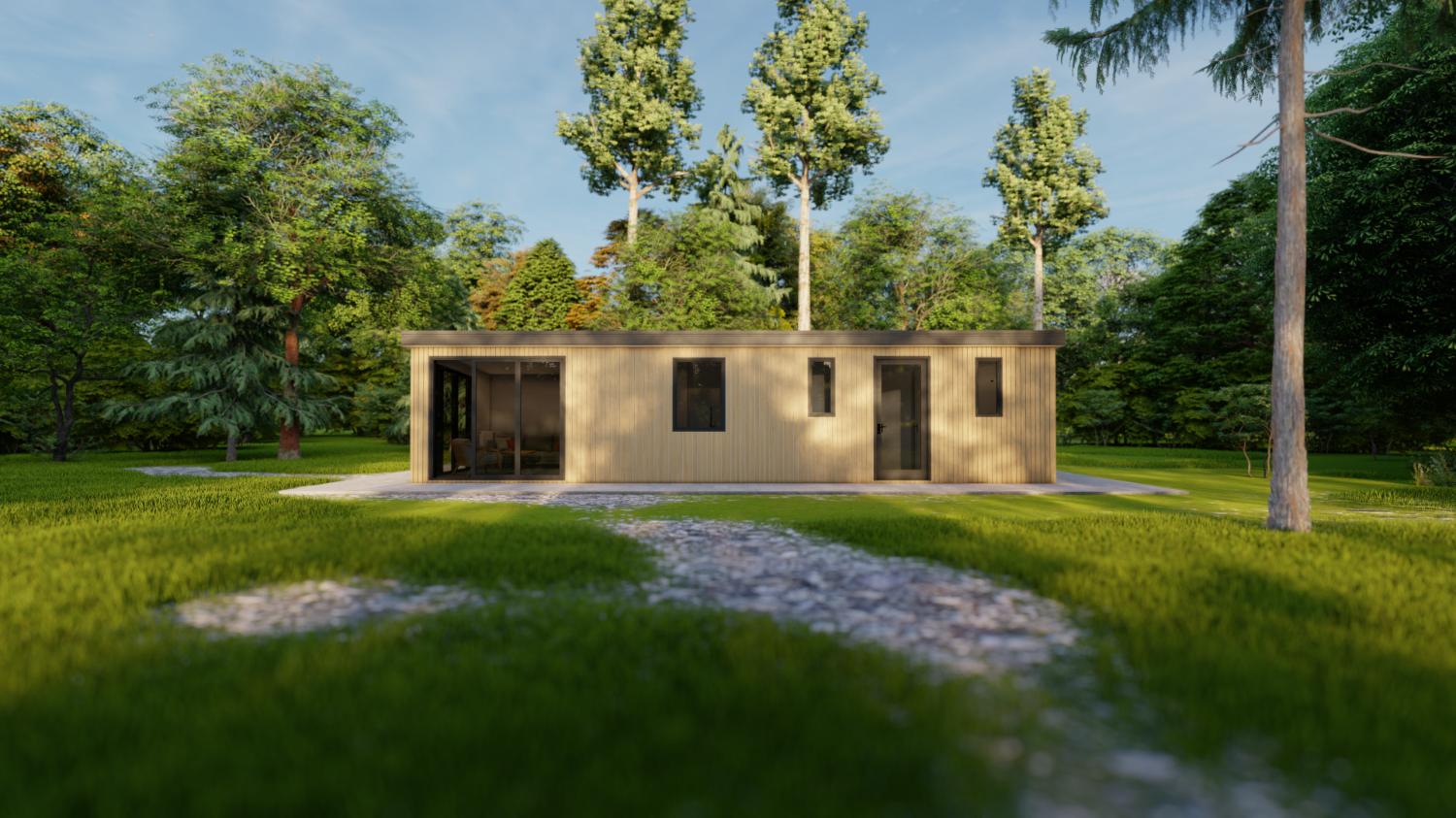 Houten tuinhuis met ramen en deur in groene tuin met bomen.