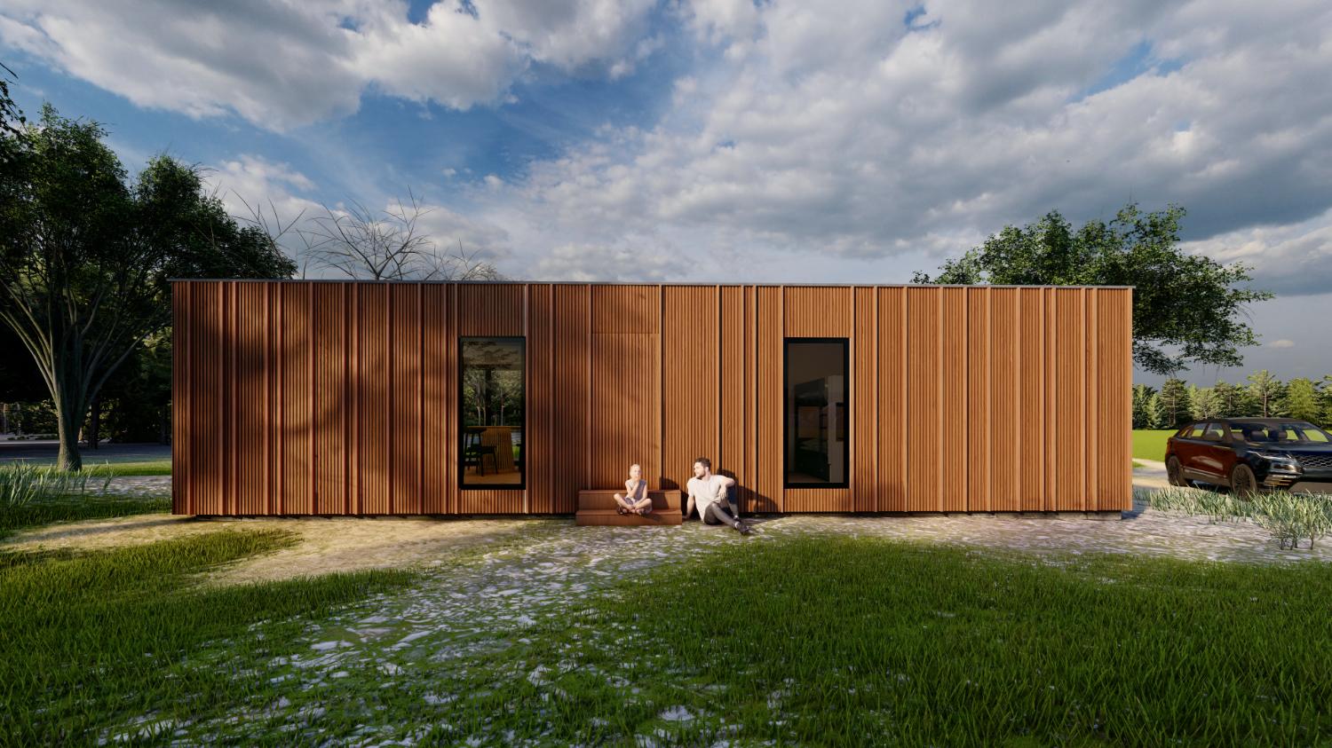 Houten tuinhuis met ramen en mensen op bankje in groene tuin.
