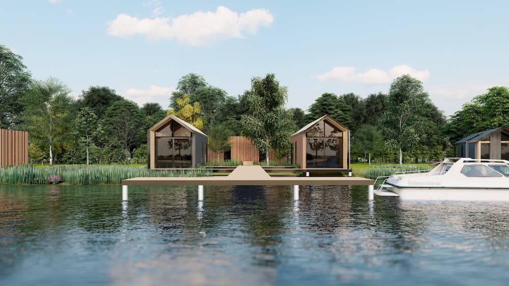 Drijvend prefab huis met boot op het water