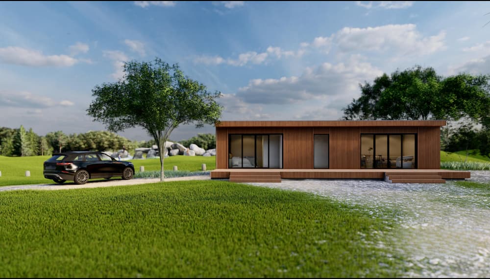 Donkerhouten prefab huis met auto ervoor.