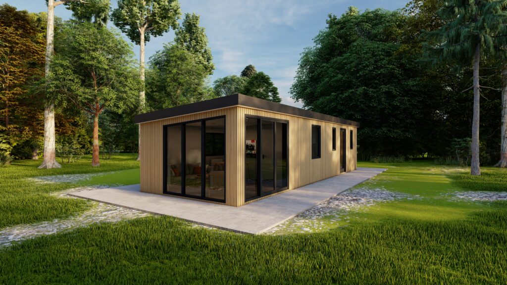 Licht houten prefab huis met grote ramen.
