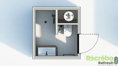 Plattegrond van een badkamerunit met douche, toilet, wastafel en bad.