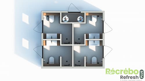 Plattegrond van een badkamerunit met vier aparte toiletten en douches.