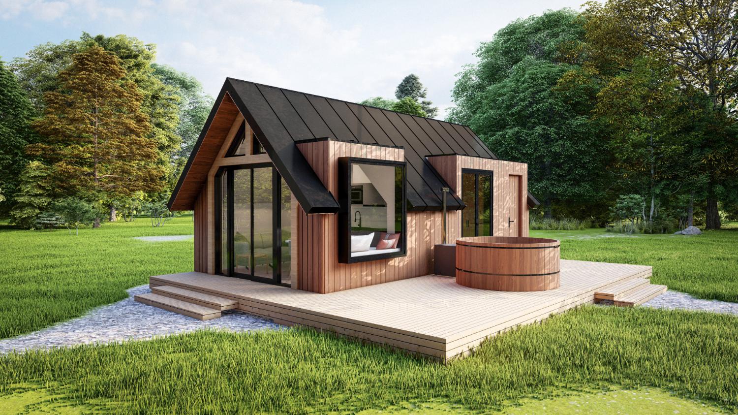 Kleine moderne houten lodge met grote ramen en hottub, omgeven door groen landschap