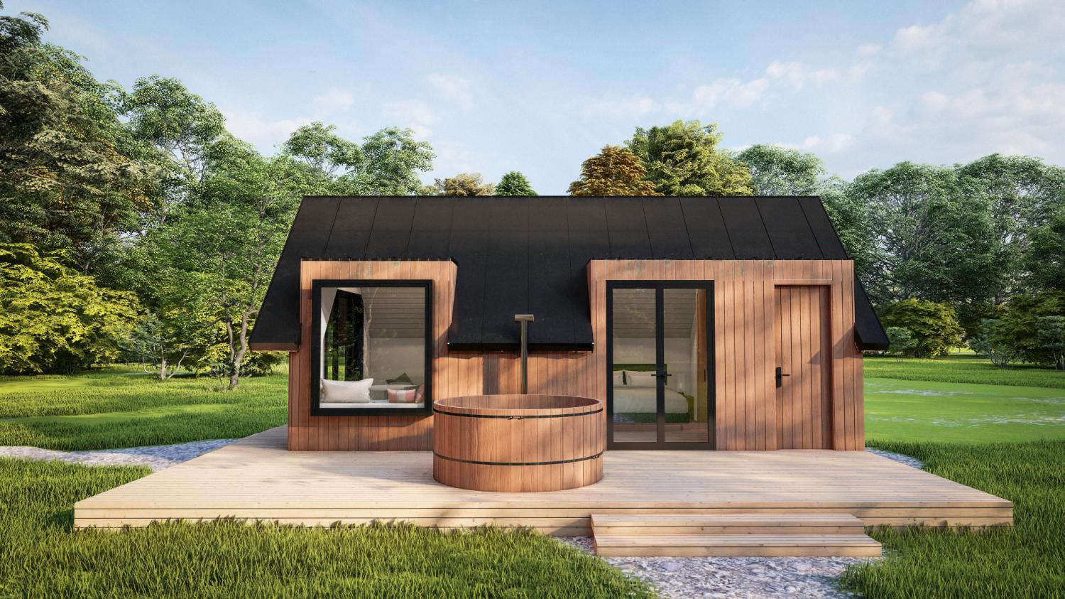 Modern houten lodge met grote glazen deuren en hottub, omgeven door groene natuur
