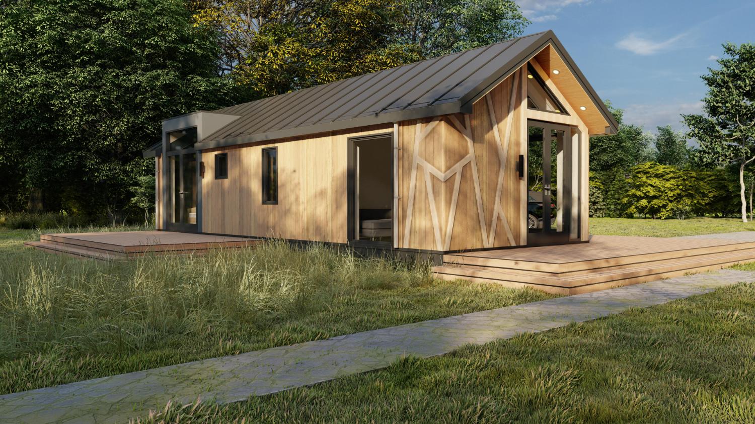 Modern houten lodge met glazen entree en hottub, gelegen in een groene bosrijke omgeving