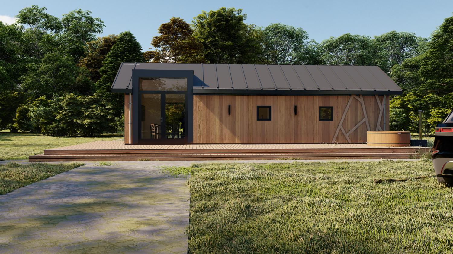 Modern houten lodge met glazen entree en hottub, gelegen in een groene bosrijke omgeving